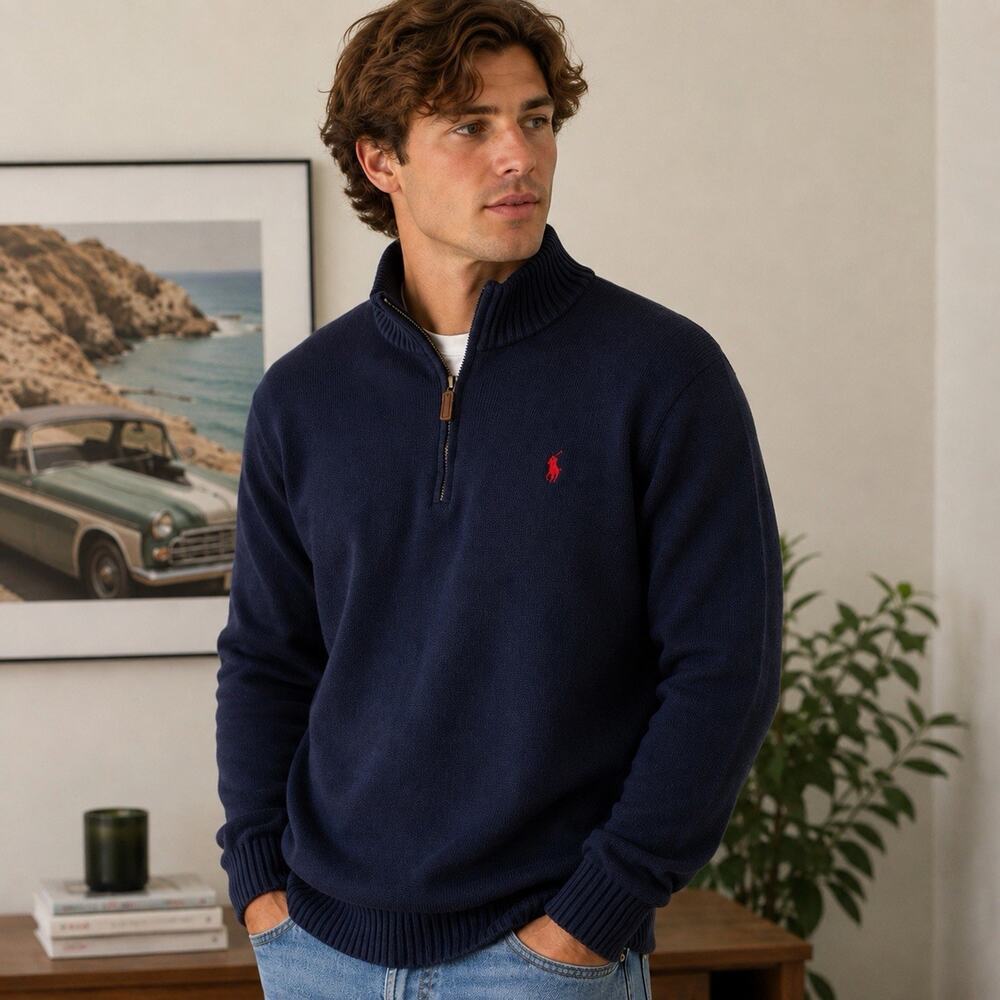 Polo Ralph Lauren Mens Large Navy 1/4 Zip Pullover Preppy Golf Luxury Sweater